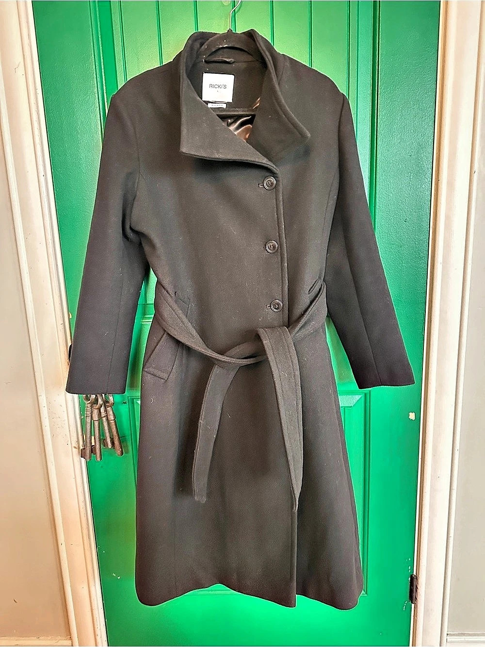 RICKI'S Wool Blend Belted Coat in Black Size Large Like New